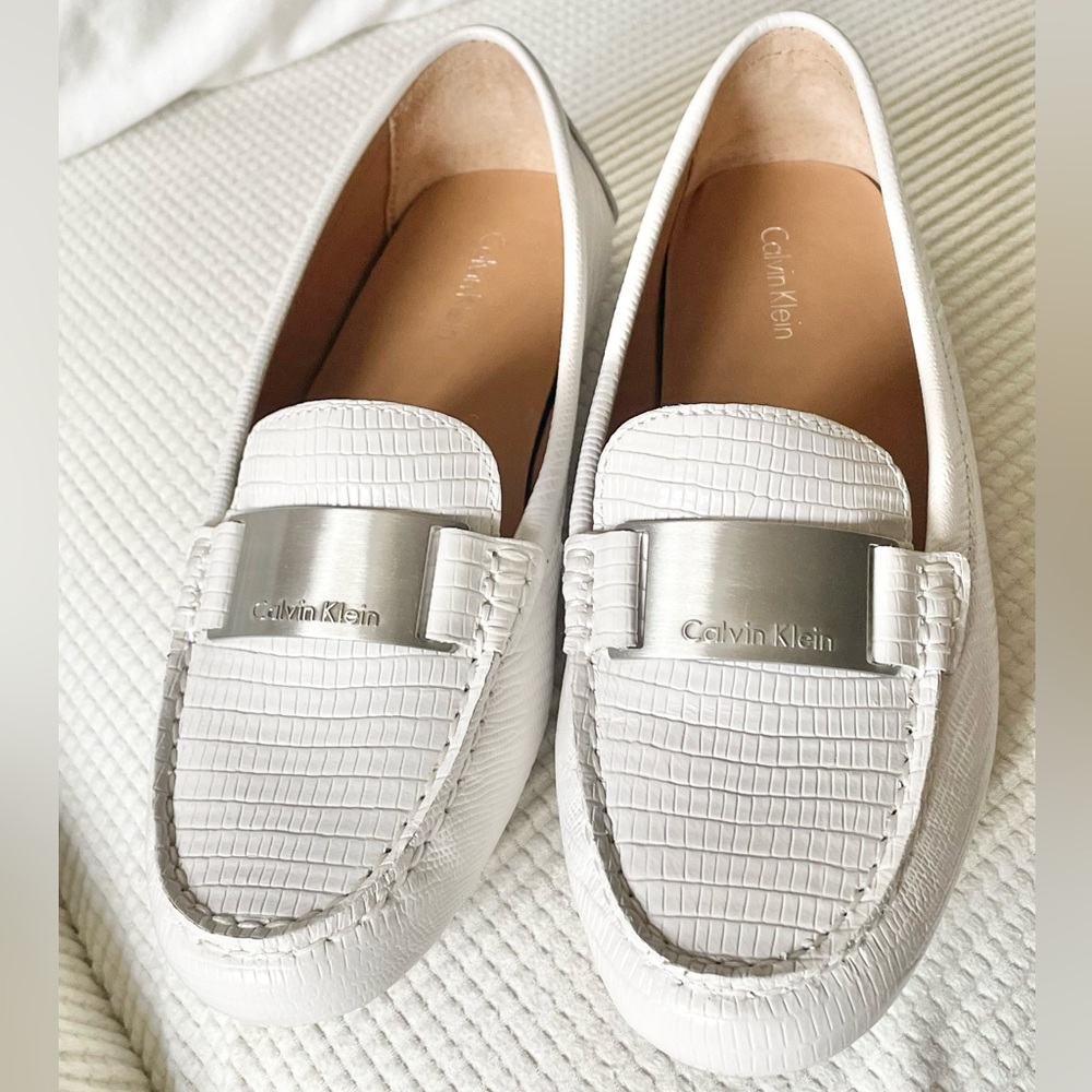 Calvin Klein White Loafers with Silver Accent